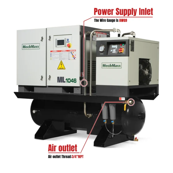 10HP Combined Rotary Screw Air Compressor with Dryer & 66-Gal ASME Tank | 32 CFM, 116 PSI, 460V 3-Phase - Industrial Grade