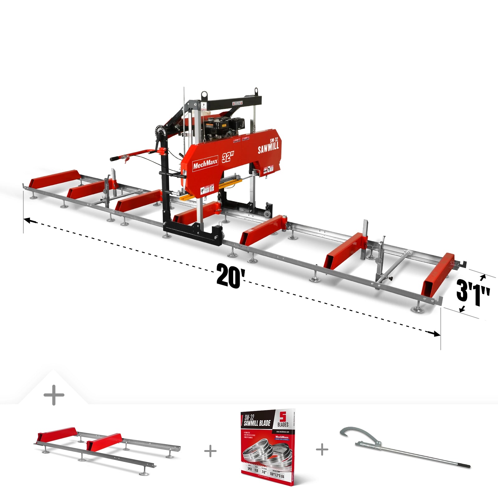 32" Portable Sawmill (5 x Blades Included), 459cc 15HP E-Start Gasoline Engine, 26.5" Board Width, 20' Track Length (13' Track Length + 6.4' Track Extension Included) , SM-32 32" Portable Sawmill (5 x Blades Included), 459cc 15HP E-Start Gasoline Engine, 26.5" Board Width, 20' Track Length (13' Track Length + 6.4' Track Extension Included) , SM-32