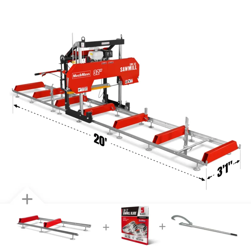 32" Portable Sawmill (5 x Blades Included), HONDA GX390 389cc E-Start Gasoline Engine, 26.5" Board Width, 20' Track Length (13' Track Length + 6.4' Track Extension Included) ,...