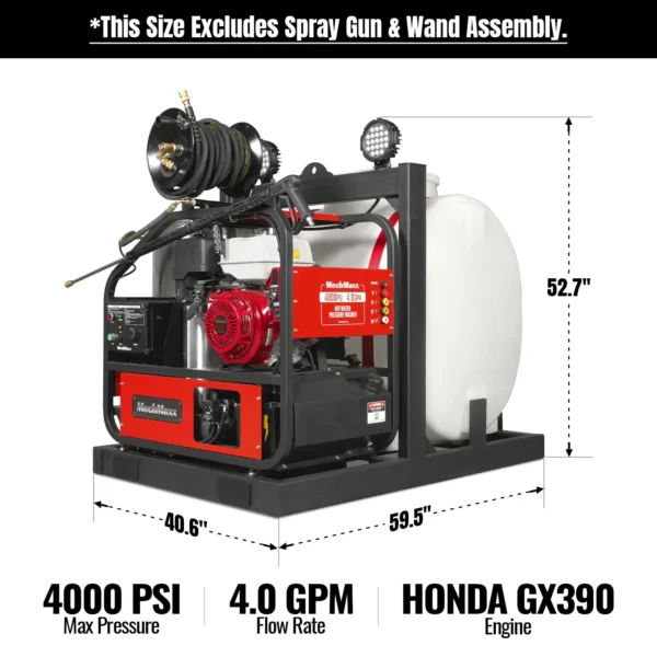 4000 PSI 4 GPM HONDA E-Start Engine Hot Water Pressure Washer Skid Mounted with 175 Gal Tank, HPW40HT